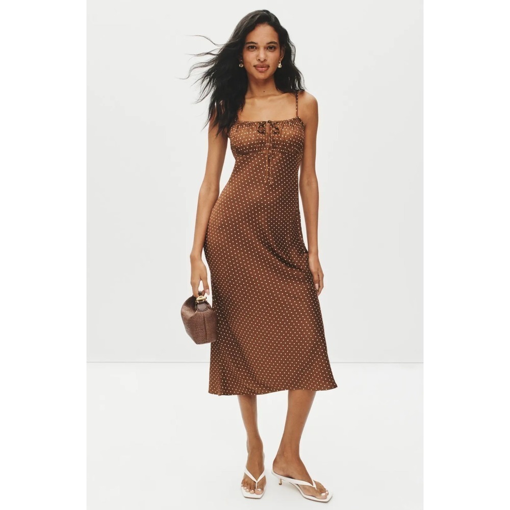 B48 Ciao Lucia Leo Polka Dot Slip Dress‎ M Brown Satin Spaghetti Party Events